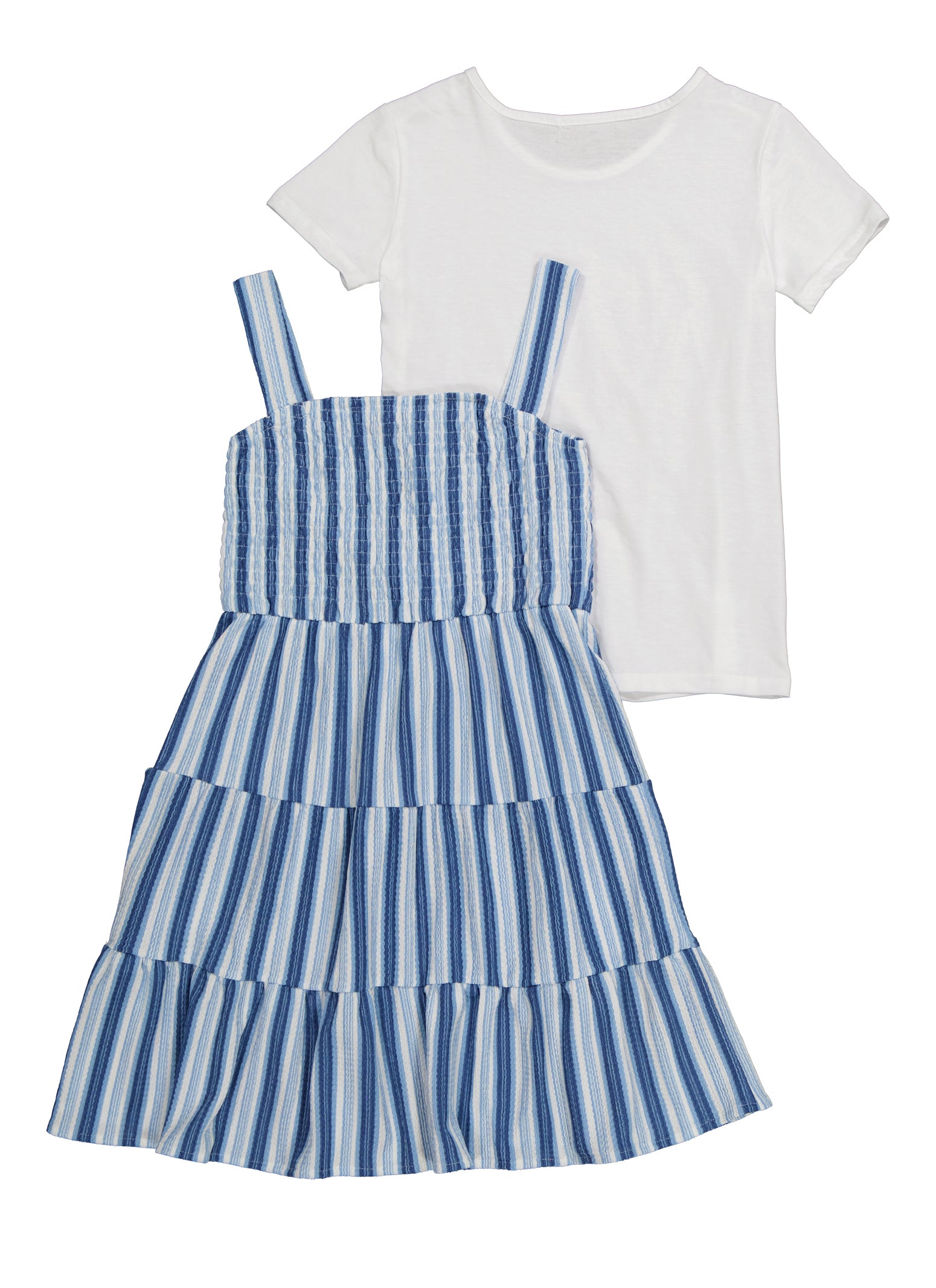 Girls Striped Smocked Cami Dress and Short Sleeve Top, Blue, Size 14-16