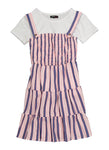 Girls Smocked Square Neck Striped Print Knit Short Sleeves Sleeves Sleeveless Spaghetti Strap Midi Dress