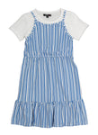 Girls Striped Print Crew Neck Knit Ribbed Short Sleeves Sleeves Sleeveless Spaghetti Strap Midi Dress