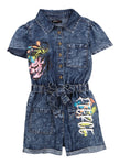 Girls Tie Waist Waistline Ruched Belted Collared Denim General Print Puff Sleeves Short Sleeves Sleeves Romper