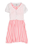 Girls Striped Print Button Closure Fitted Crew Neck Smocked Fit-and-Flare Sleeveless Skater Dress/Midi Dress