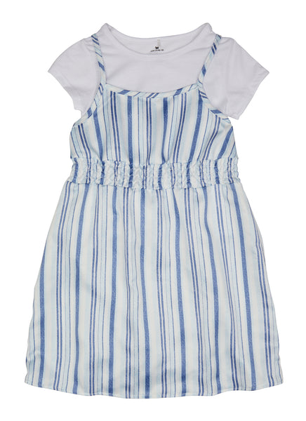 Girls Scoop Neck Sleeveless Fit-and-Flare Fitted Striped Print Skater Dress/Midi Dress