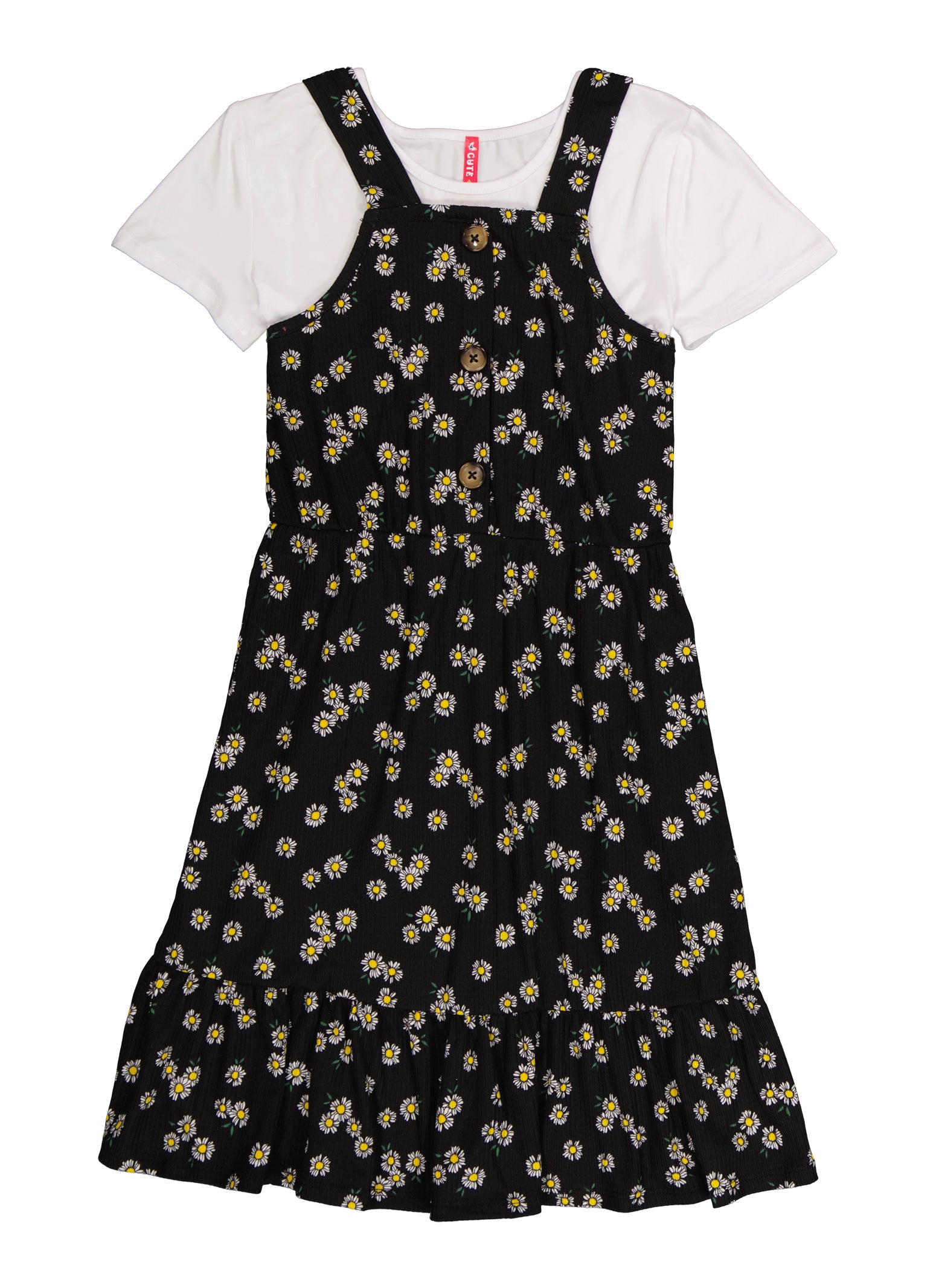 Girls Ribbed Floral Print Tank Dress with Short Sleeve Top,