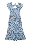 Girls Animal Print Ribbed Cap Flutter Sleeves Square Neck Knit Midi Dress With a Bow(s) and Ruffles