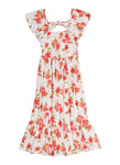 Girls Square Neck Floral Print Shift Tiered Ribbed Flutter Sleeves Knit Dress With a Bow(s) and Ruffles