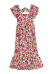 Girls Floral Print Knit Tiered Fitted Ribbed Cap Flutter Sleeves Fit-and-Flare Skater Dress/Midi Dress With a Bow(s)