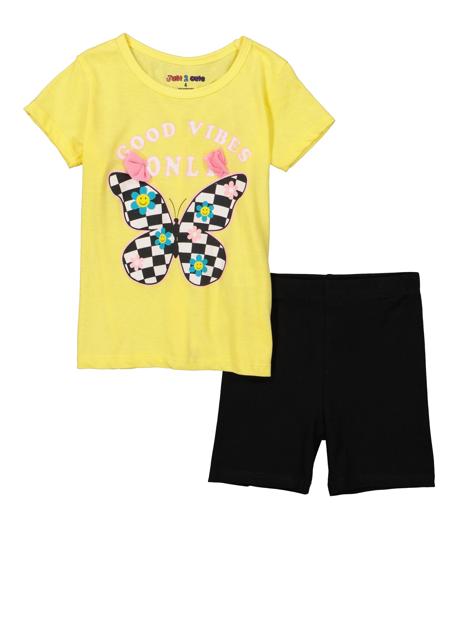 Little Girls Good Vibes Only Checkered Graphic Tee and Biker Shorts, Yellow, Size 4