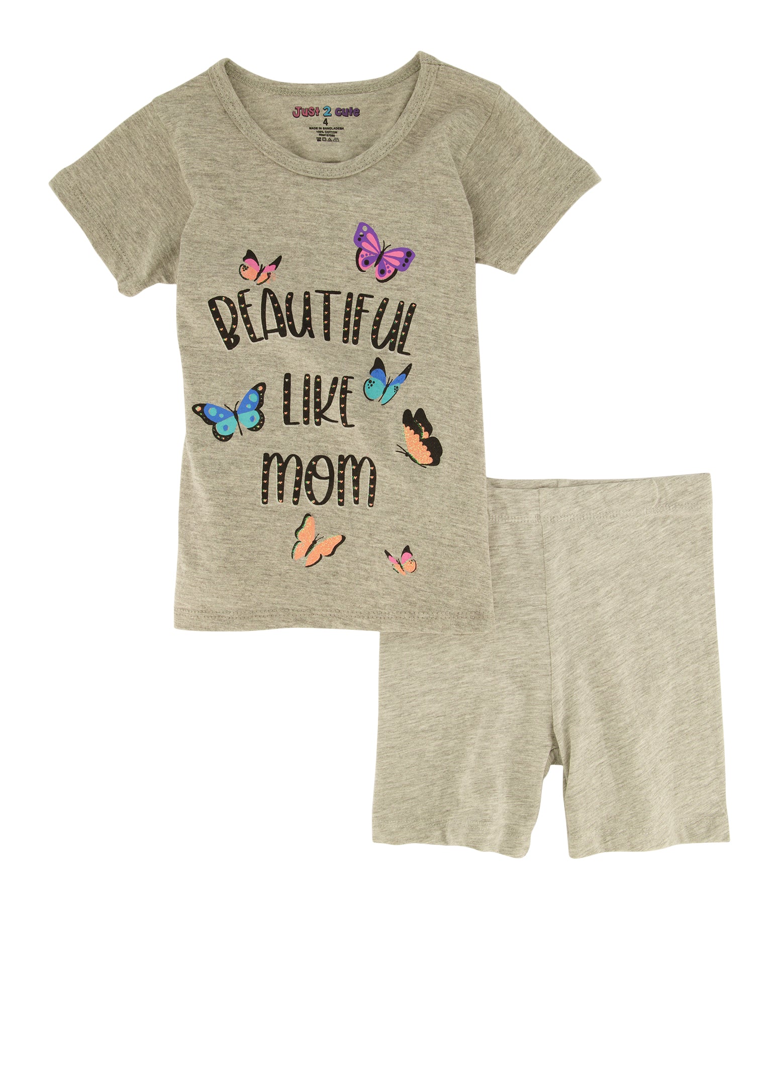 Little Girls Beautiful Like Mom Graphic Tee and Biker Shorts, Grey, Size 6X