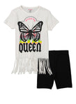 Girls Queen Fringe Hem Graphic Tee And Biker Shorts, ,
