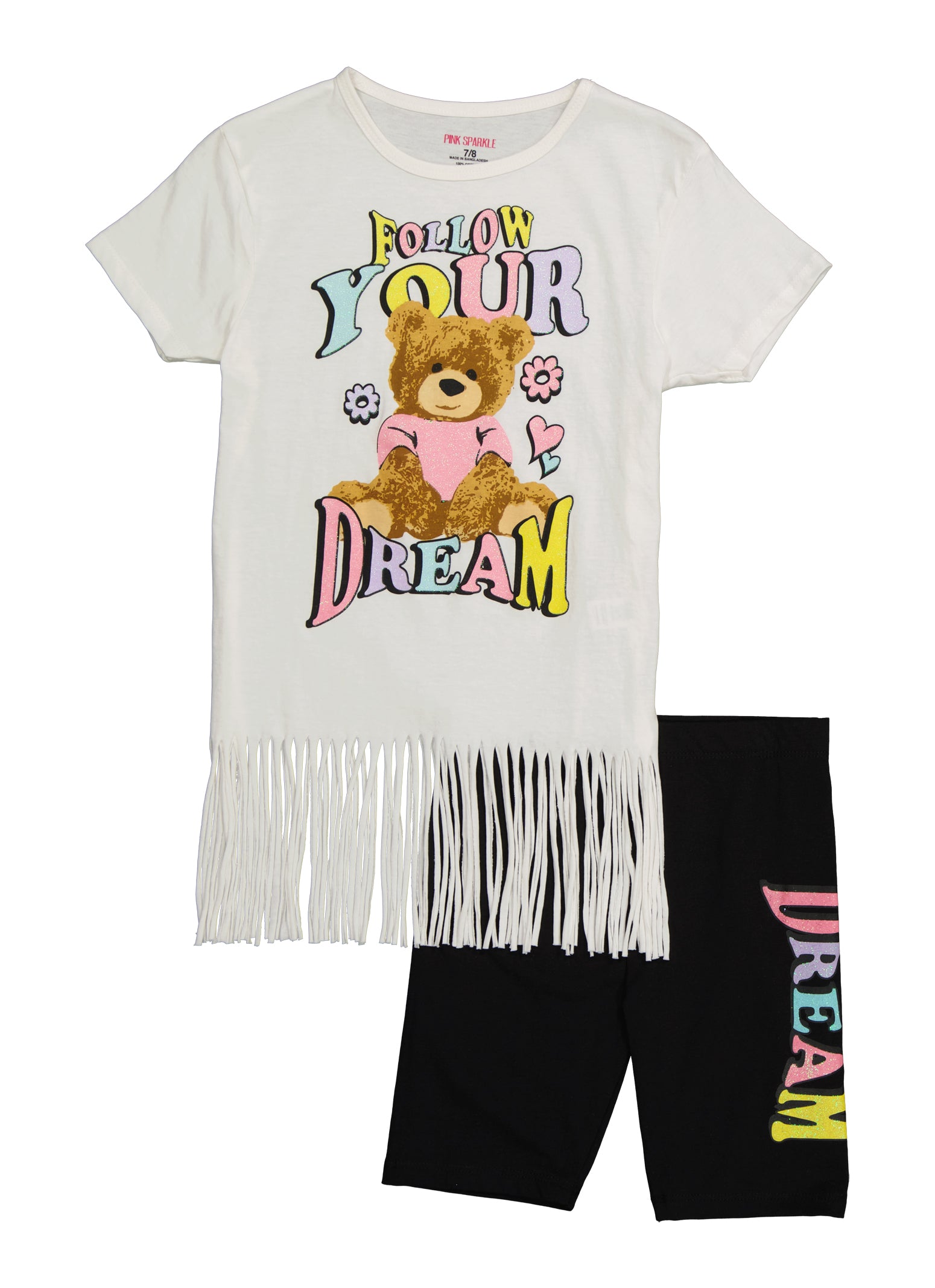 Girls Follow Your Dream Fringe Graphic Tee and Biker Shorts, White,