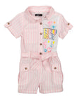 Girls Striped Print Belted Short Sleeves Sleeves Collared Tie Waist Waistline Romper