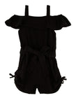 Girls Tie Waist Waistline Knit Cold Shoulder Sleeves Sleeveless Ruched Belted Romper