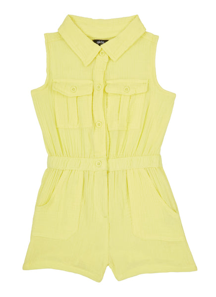 Girls Collared Sleeveless Button Front Knit Romper