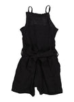 Girls Smocked Square Neck Belted Sleeveless Tie Waist Waistline Knit Romper