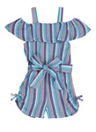 Girls Tie Waist Waistline Ruched Belted Cold Shoulder Short Sleeves Sleeves Striped Print Romper