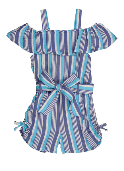 Girls Tie Waist Waistline Striped Print Ruched Belted Cold Shoulder Short Sleeves Sleeves Romper