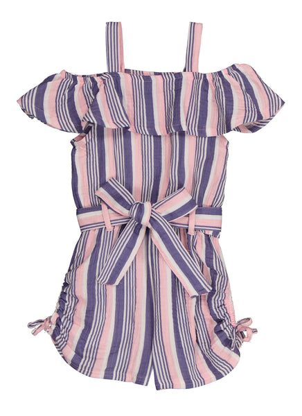 Girls Cold Shoulder Short Sleeves Sleeves Belted Ruched Tie Waist Waistline Striped Print Romper