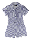 Girls Button Front Short Sleeves Sleeves Knit Striped Print Collared Romper
