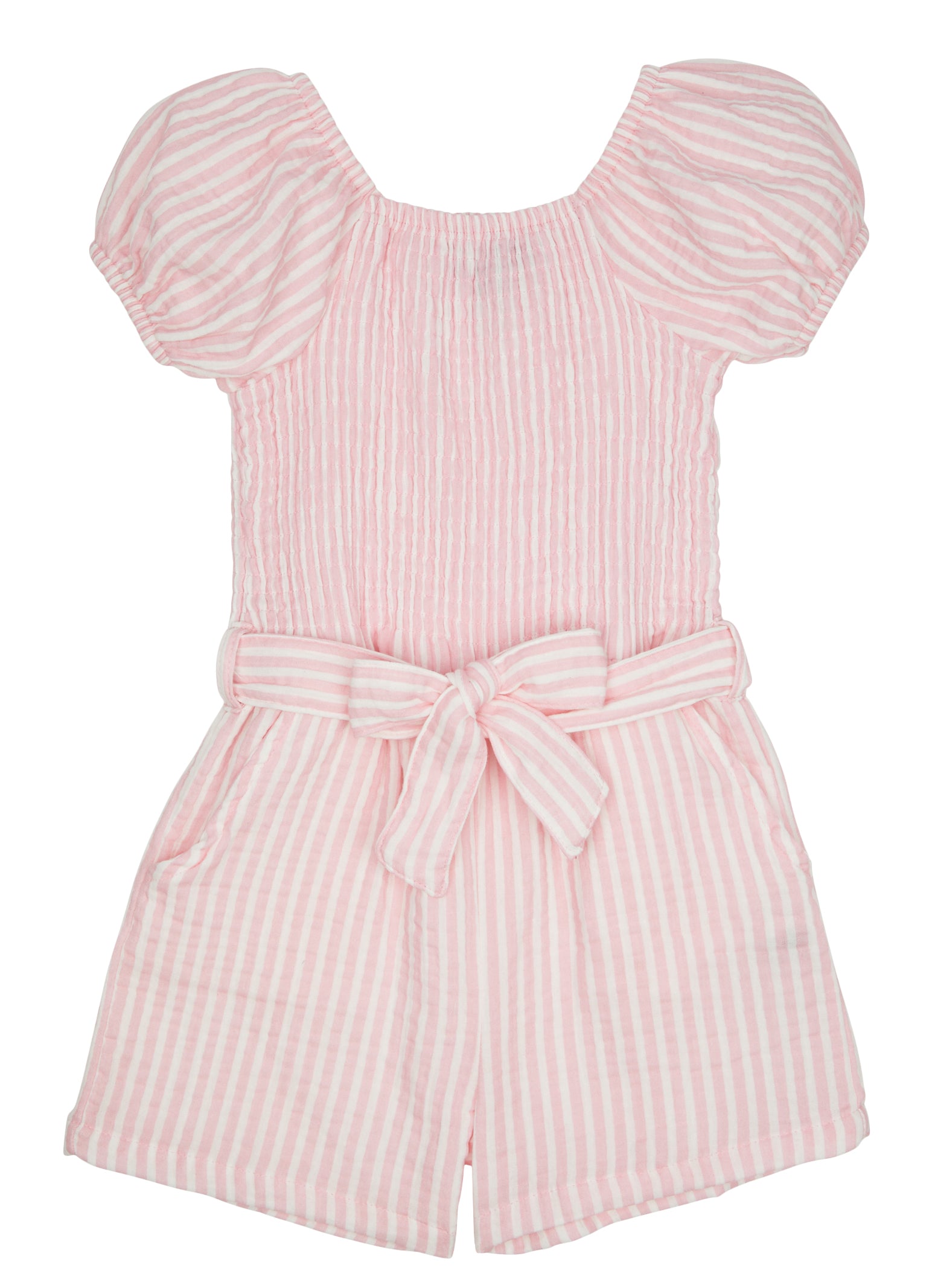 Little Girls Striped Puff Sleeve Tie Waist Belted Romper, Pink,