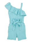 Girls Tie Waist Waistline One Shoulder Sleeveless Knit Belted Romper With Ruffles