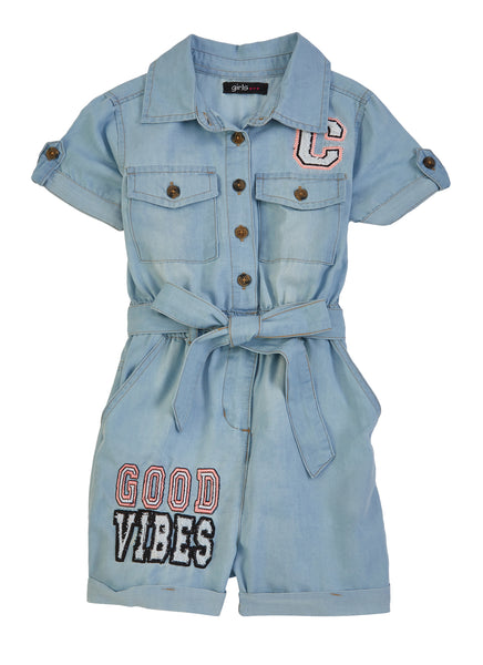 Girls General Print Short Sleeves Sleeves Tie Waist Waistline Belted Collared Denim Romper