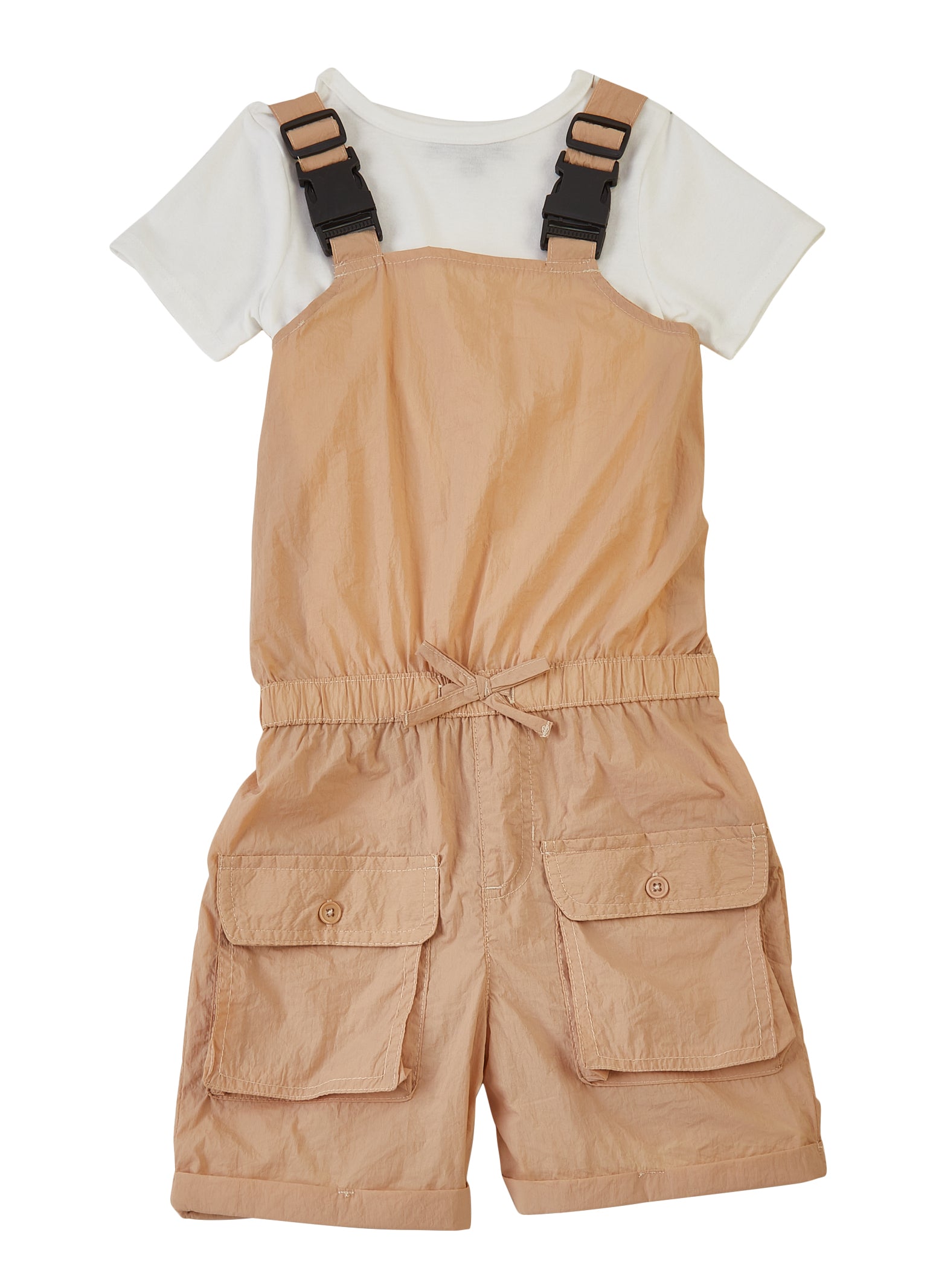 Little Girls Release Buckle Strap Cargo Pocket Romper with Tee, 6X