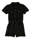 Girls Tie Waist Waistline Button Front Belted Short Sleeves Sleeves Collared Romper