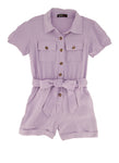 Girls Collared Short Sleeves Sleeves Button Front Belted Tie Waist Waistline Romper