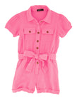 Girls Button Front Belted Collared Tie Waist Waistline Short Sleeves Sleeves Romper