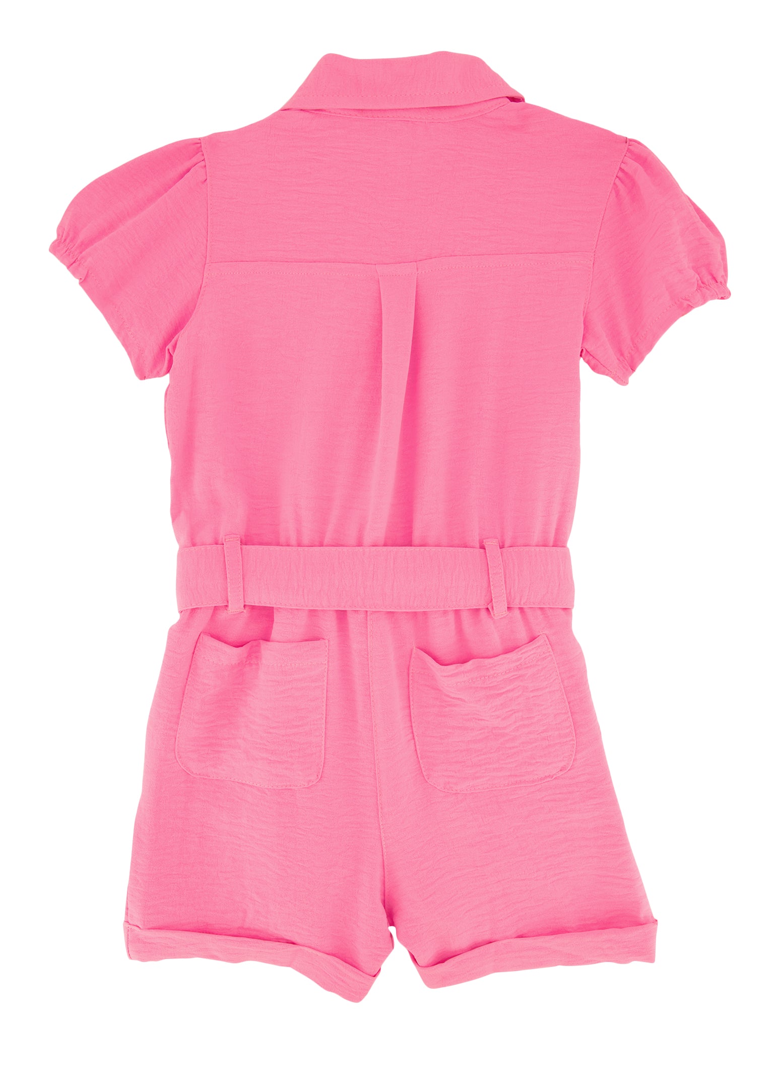 Little Girls Button Front Tie Waist Belted Romper, 6X