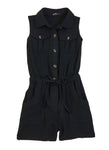 Girls Sleeveless Collared Tie Waist Waistline Button Front Romper