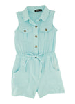 Girls Collared Button Front Sleeveless Tie Waist Waistline Romper