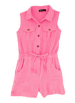 Girls Sleeveless Tie Waist Waistline Button Front Collared Romper