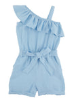 Girls One Shoulder Sleeveless Belted Tie Waist Waistline Romper With Ruffles