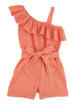 Girls One Shoulder Sleeveless Belted Tie Waist Waistline Romper With Ruffles