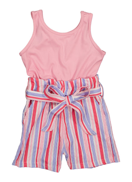 Girls Striped Print Sleeveless Belted Ribbed Crew Neck Tie Waist Waistline Knit Romper