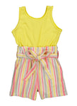 Girls Crew Neck Tie Waist Waistline Sleeveless Ribbed Belted Knit Striped Print Romper