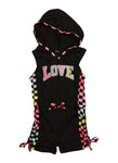 Little Girls Love Checkered Trim Hooded Romper, ,