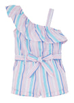 Girls One Shoulder Sleeveless Poplin Striped Print Tie Waist Waistline Belted Romper With Ruffles