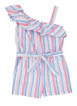 Girls Poplin Tie Waist Waistline Striped Print One Shoulder Sleeveless Belted Romper With Ruffles