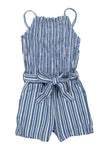 Girls Knit Belted Smocked Square Neck Tie Waist Waistline Striped Print Sleeveless Romper