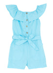 Girls Bateau Neck Button Front Belted Tie Waist Waistline Sleeveless Romper With Ruffles