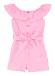 Girls Tie Waist Waistline Bateau Neck Sleeveless Button Front Belted Romper With Ruffles