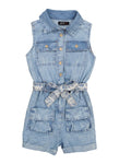 Girls Collared Tie Waist Waistline Belted Pocketed Denim Sleeveless Romper