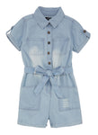 Girls Collared Denim Belted Short Sleeves Sleeves Tie Waist Waistline Romper