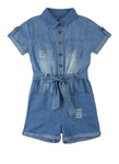 Girls Tie Waist Waistline Short Sleeves Sleeves Denim Collared Belted Romper