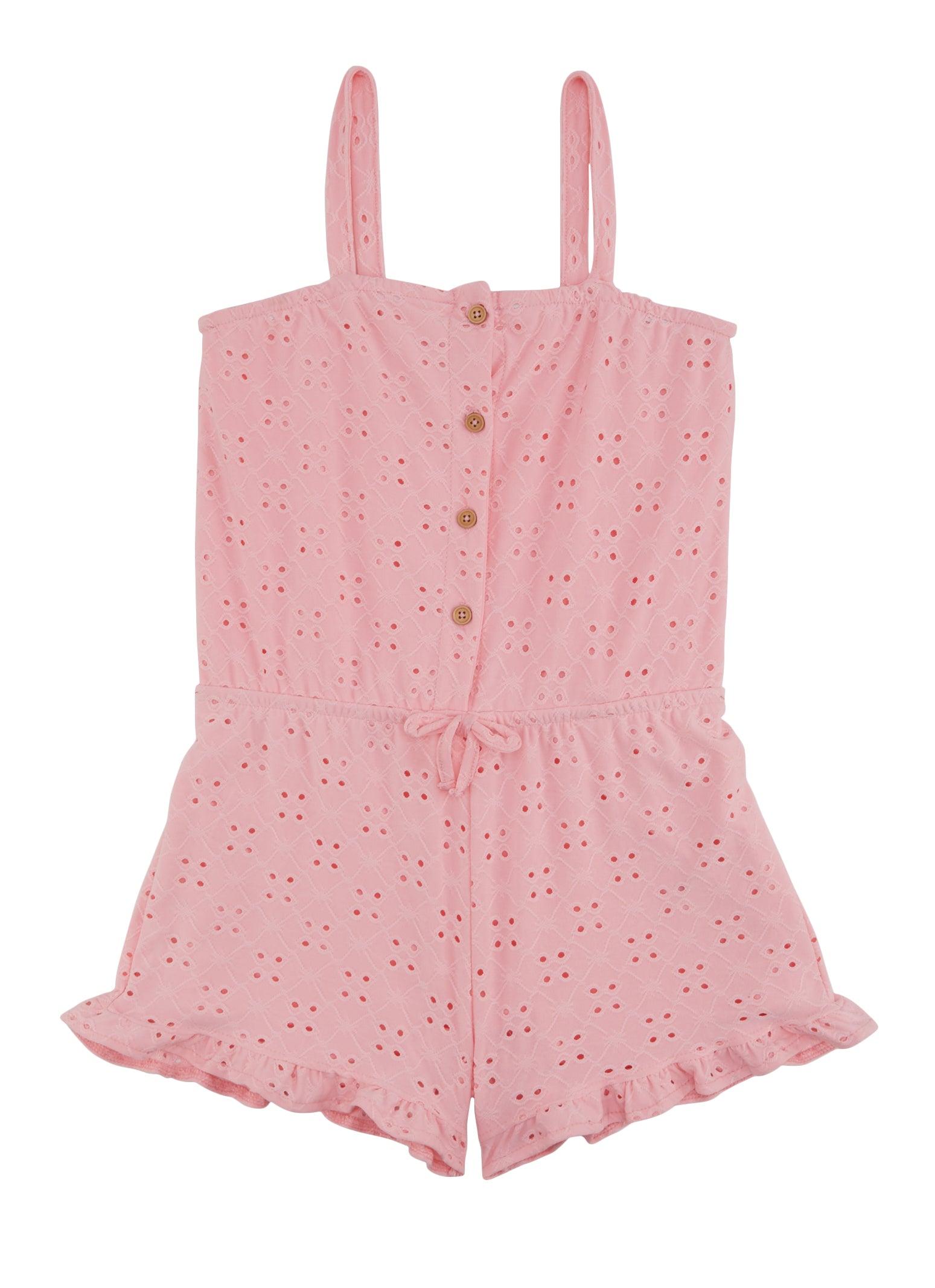 Girls Eyelet Button Front Sleeveless Romper, Pink, Size 7-8