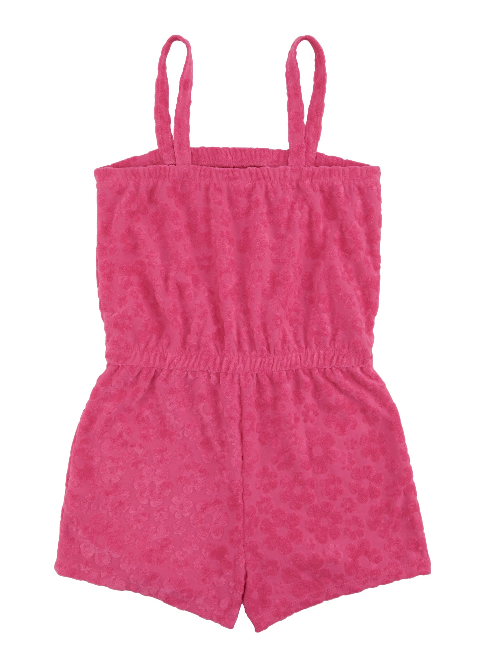 Girls Terry Cloth Flower Embossed Romper, Pink, Size 10-12