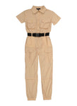 Girls Short Sleeves Sleeves Collared Belted Pocketed Nylon Jumpsuit