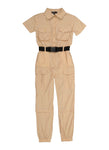 Girls Short Sleeves Sleeves Collared Nylon Belted Pocketed Jumpsuit